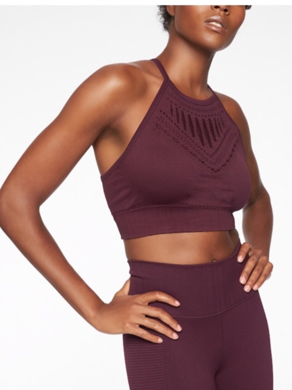 Athleta Halasana Macrame Sports Bra High Neck Purple Medium